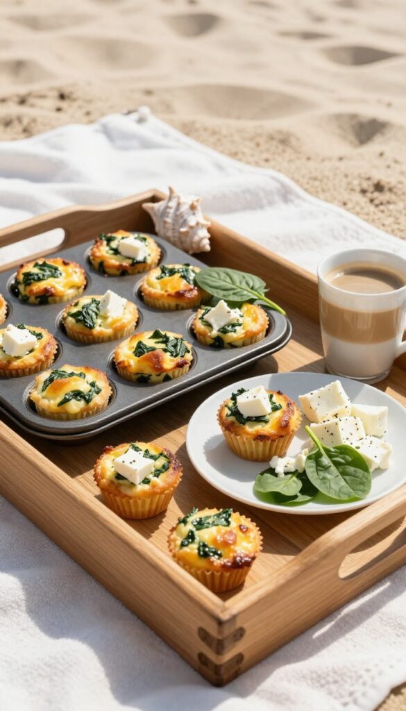 Spinach and feta egg muffins on a beach towel with coffee and seashells