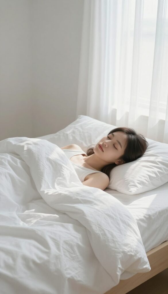 Woman waking naturally in a peaceful bedroom with soft morning light