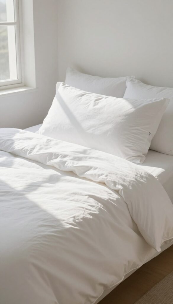 A neatly made bed in a sunlit room, with white linens and a folded throw blanket, creating a calm and orderly atmosphere.