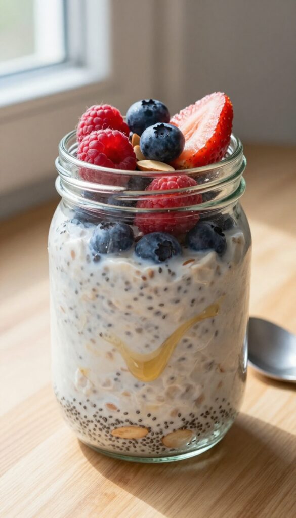 A glass jar of overnight oats topped with berries and almonds on a wooden table in natural morning light.