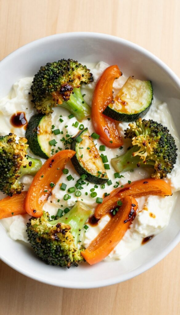 Cottage cheese bowl topped with roasted vegetables and fresh herbs