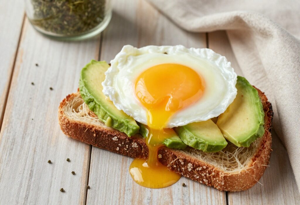 Poached egg on avocado toast with runny yolk on rustic wooden table