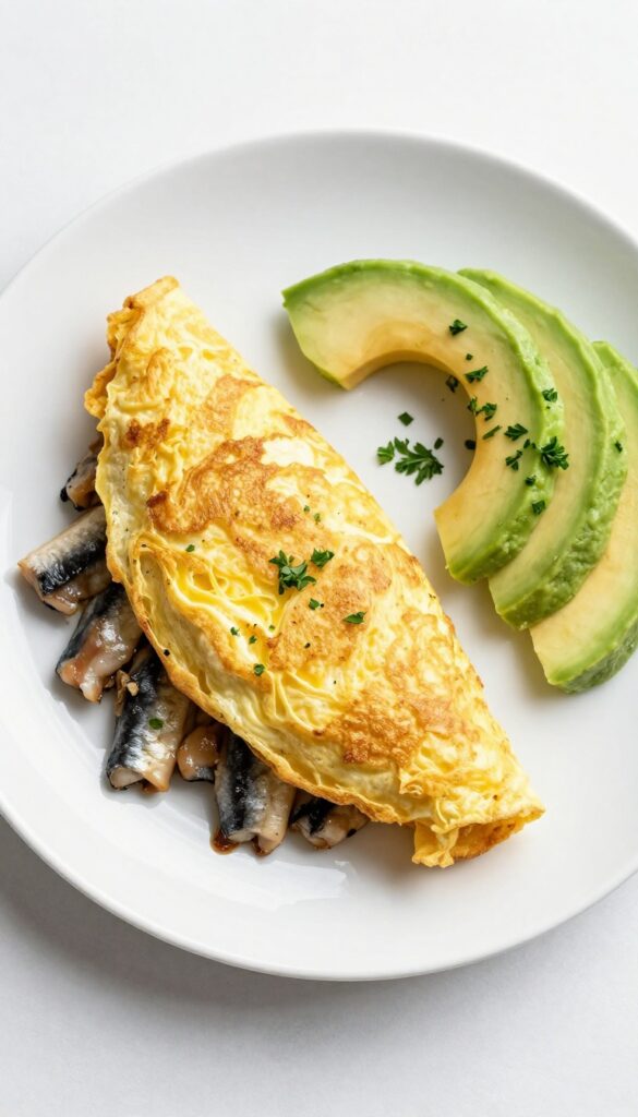 Canned sardines and egg omelette on a plate with avocado slices