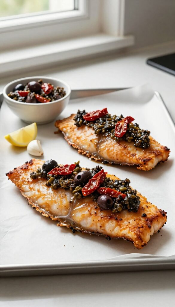 Baked cod fillets with olive and tomato tapenade on a parchment-lined baking sheet