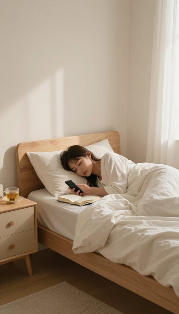 A phone set aside on a nightstand next to a book and tea, representing a social media curfew before bedtime.