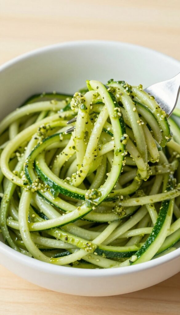 Zucchini noodles with creamy avocado pesto in a white bowl, fork lifting noodles.