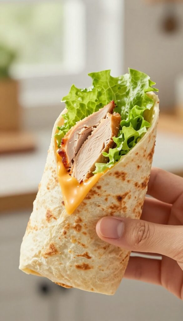 Turkey and cheese breakfast wrap cut in half, showing layers of turkey, cheese, and lettuce inside a low-carb tortilla.