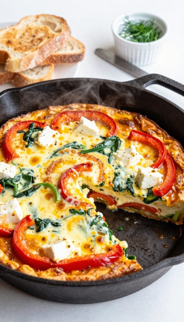 Loaded veggie and cheese frittata in a cast-iron skillet with toast and herbs