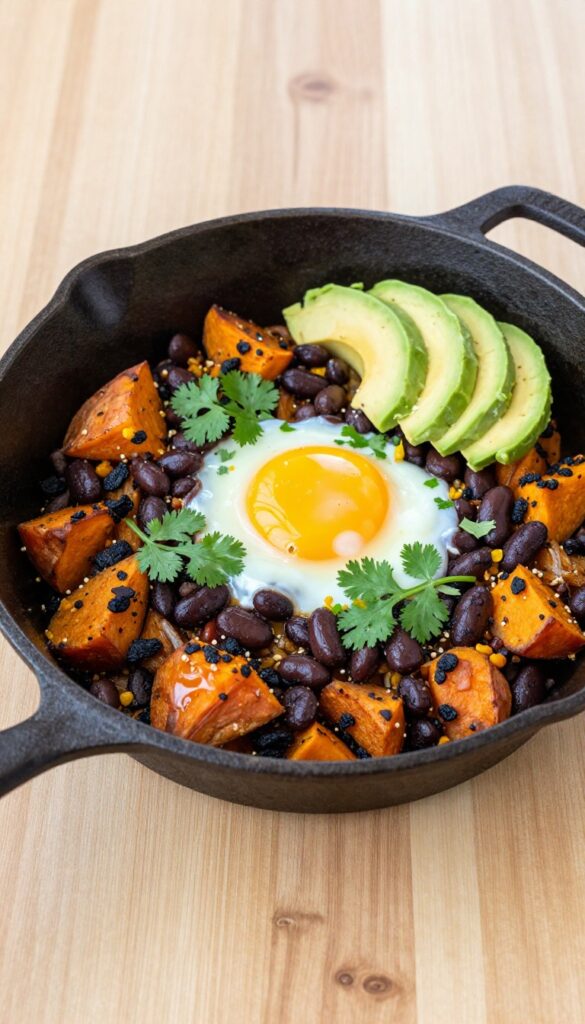 Sweet potato and black bean hash with a runny egg and avocado in a cast-iron skillet