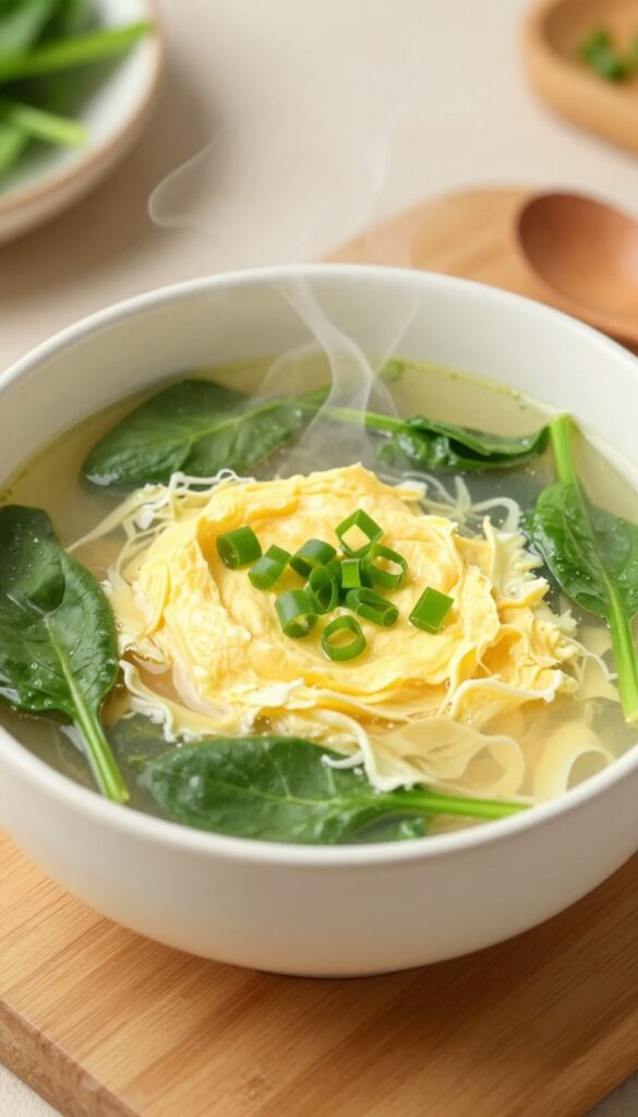 Bowl of keto egg drop soup with spinach and green onions
