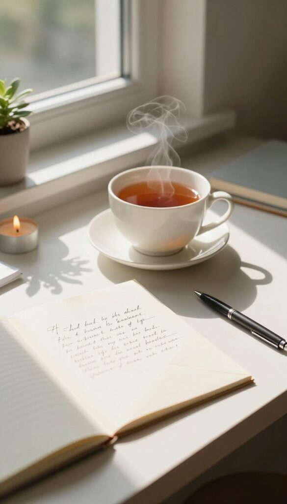 A person writing a letter to their future self at a peaceful desk with candlelight and soft morning sunlight