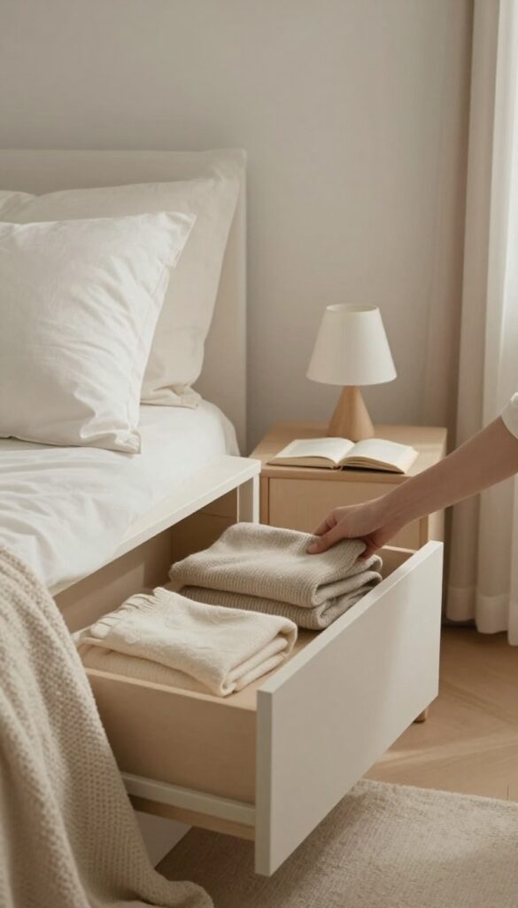 Peaceful bedroom with tidy surfaces and fluffed pillows, soft evening light, clutter-free nightstand.