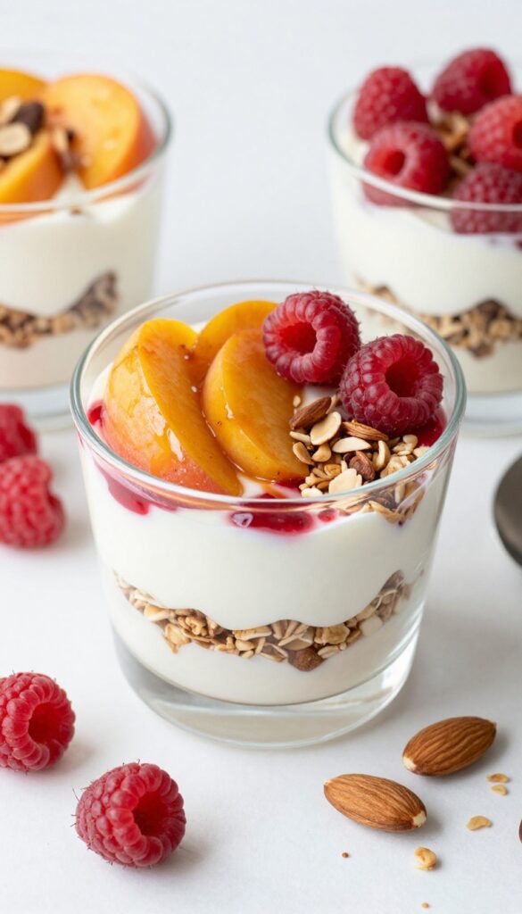 Peach Melba yogurt parfait in a glass bowl with layers of yogurt, peaches, raspberry sauce, and granola.