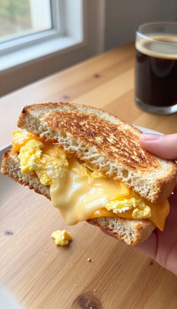 Microwave egg and cheese sandwich on toasted English muffin with melted cheese, held in hand, bright natural light.