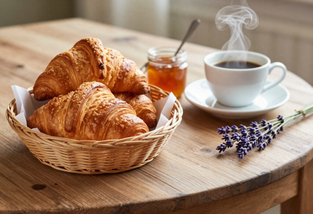 French breakfast spread with croissants, coffee, and jam on a wooden table