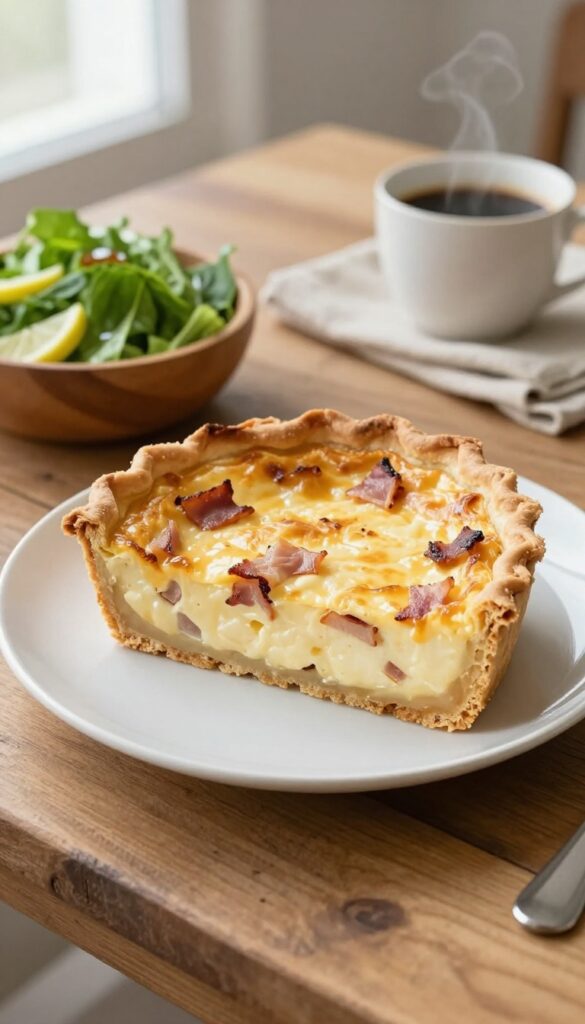 Slice of quiche Lorraine with bacon and cheese on a plate with a side salad and coffee, rustic wooden table, bright natural light.