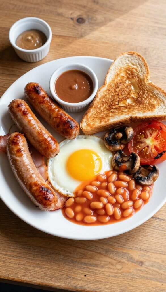 Classic full English breakfast on a plate with bacon, sausages, egg, baked beans, mushrooms, tomato, and toast