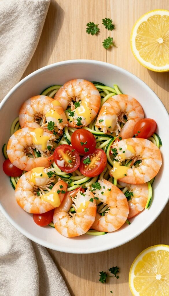 Shrimp and zucchini noodle bowl with cherry tomatoes and lemon butter sauce