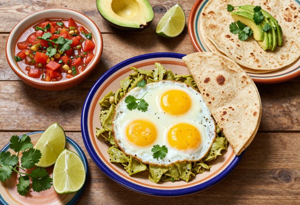 Mexican breakfast spread with chilaquiles, fried eggs, salsa, and avocado on a wooden table