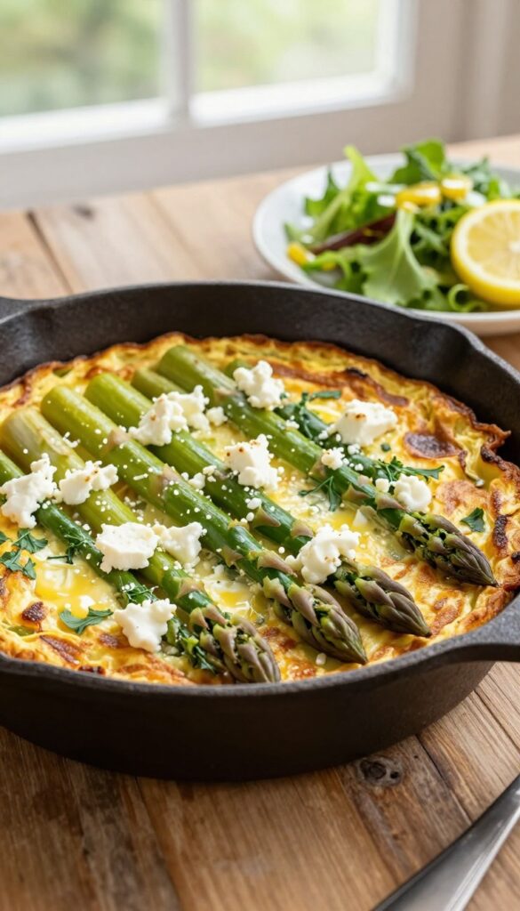 Asparagus and goat cheese frittata in a cast-iron skillet with side salad