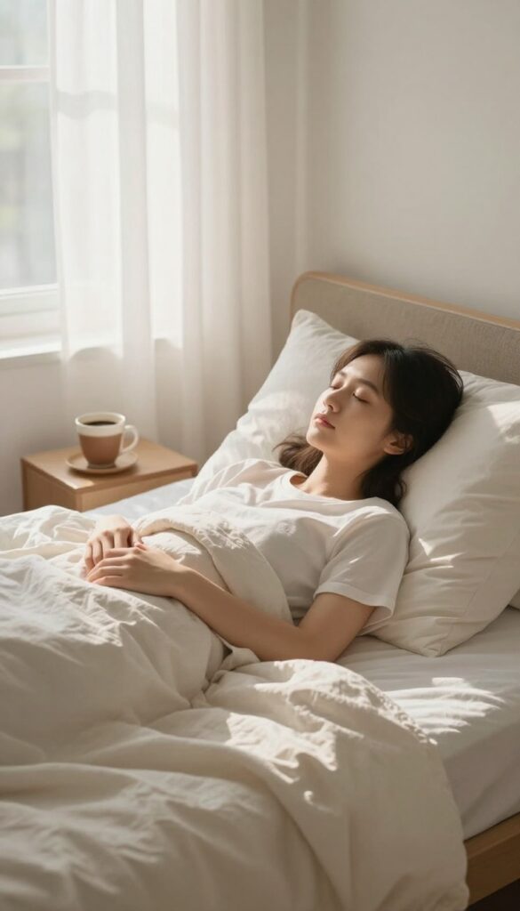 Person sitting up in bed in the morning, eyes closed, practicing gratitude in a peaceful bedroom with soft natural light