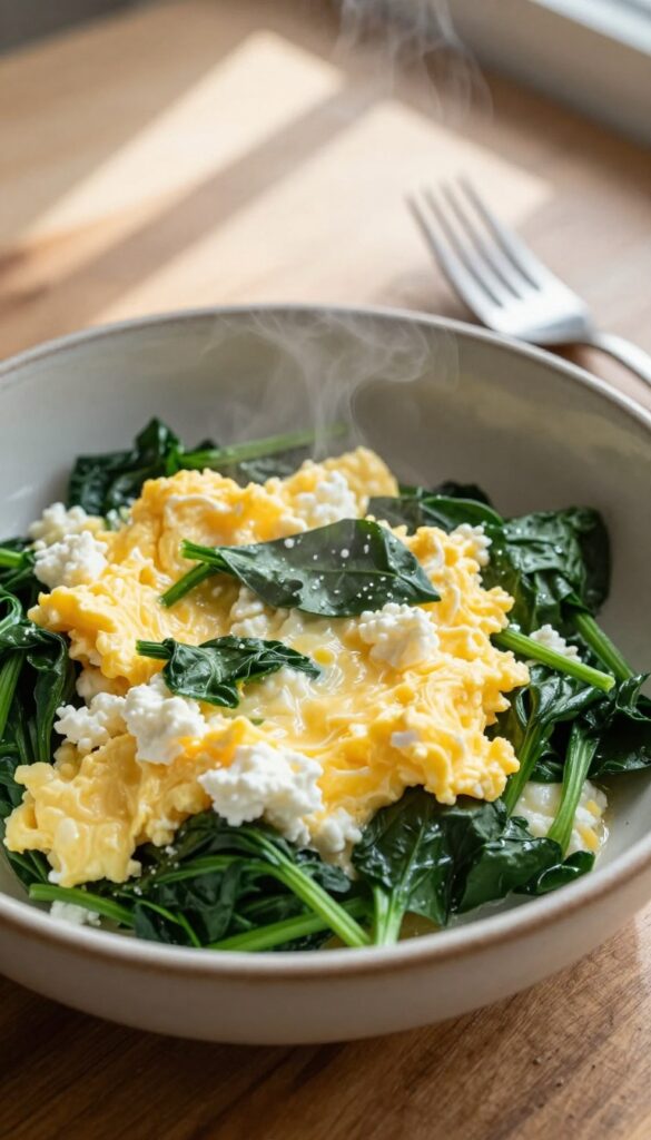 Cottage cheese and spinach egg scramble bowl with creamy eggs and wilted spinach in a ceramic bowl on a wooden table