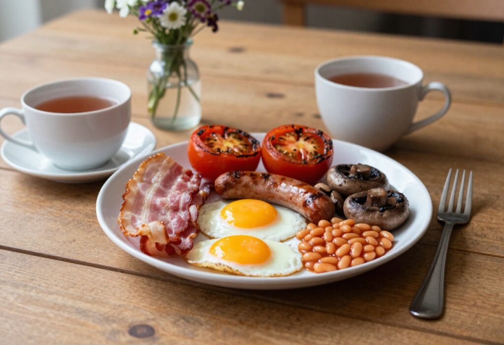 A full English breakfast spread on a wooden table with eggs, bacon, sausages, beans, tomatoes, mushrooms, and a cup of tea.