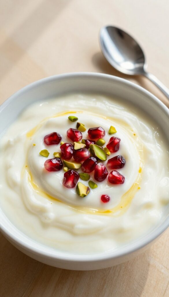 Turmeric ginger yogurt bowl topped with pomegranate seeds and pistachios