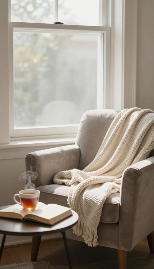 A cozy reading nook with an open book and tea, bathed in warm natural light.