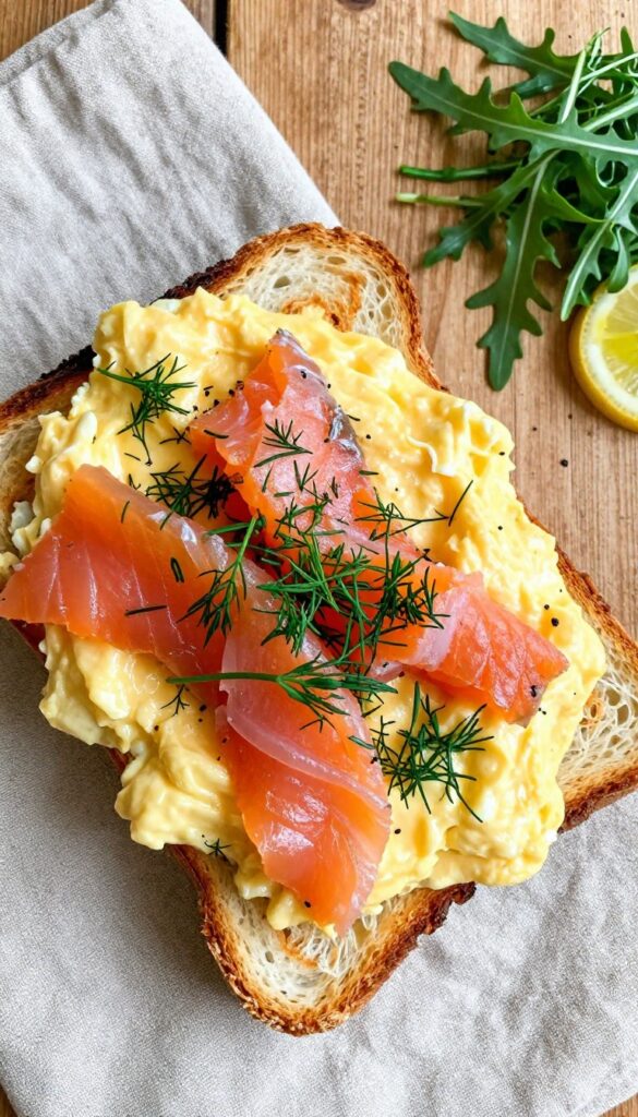 Creamy scrambled eggs with smoked salmon and dill on toasted brioche