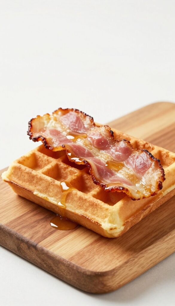 Bacon and maple waffle sandwich on a wooden board with syrup drizzle