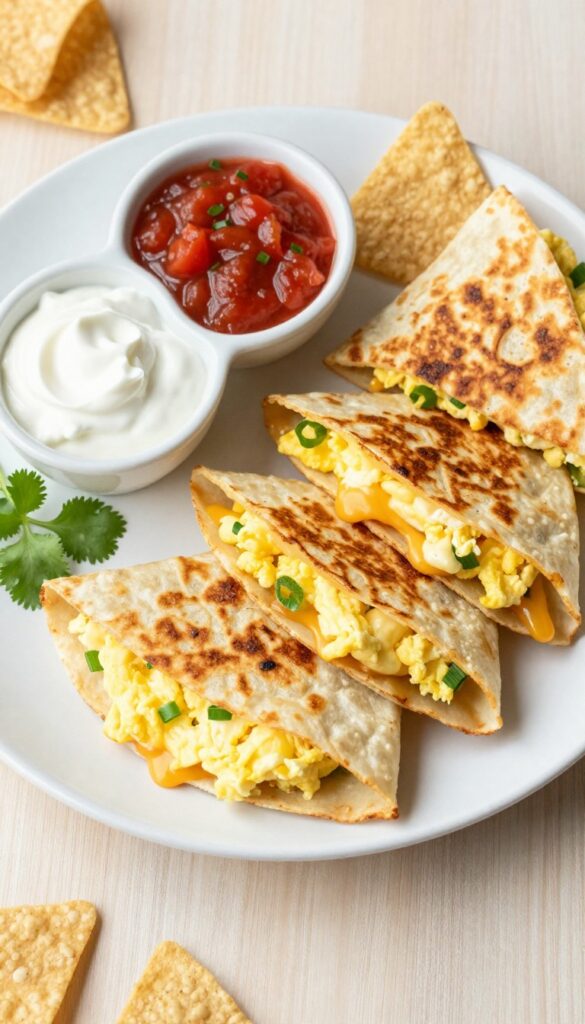Air fryer breakfast quesadilla wedges on a plate with salsa, sour cream, and guacamole dipping bowls.