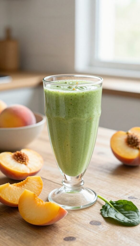 Peachy Greens Smoothie in a glass with fresh peaches and spinach on a rustic table