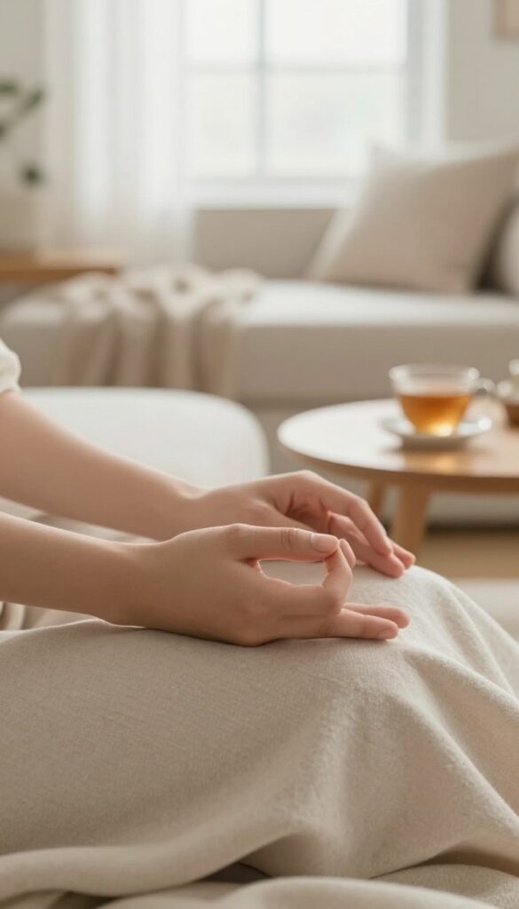 Person practicing box breathing in a cozy, sunlit room