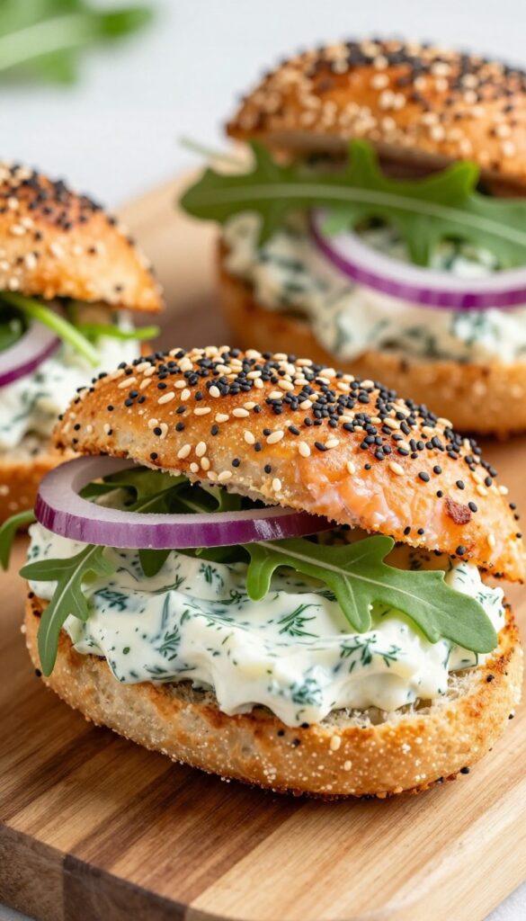 Smoked salmon burger with dill cream cheese on everything bagel bun