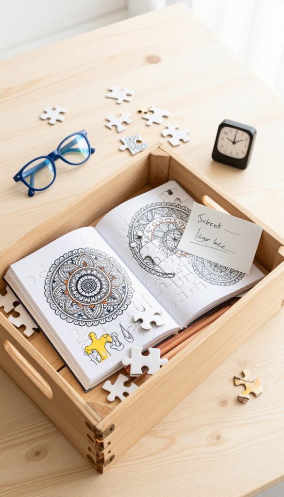 Digital detox basket with puzzle, coloring book, pencils, timer, and blue-light glasses in a wooden crate.