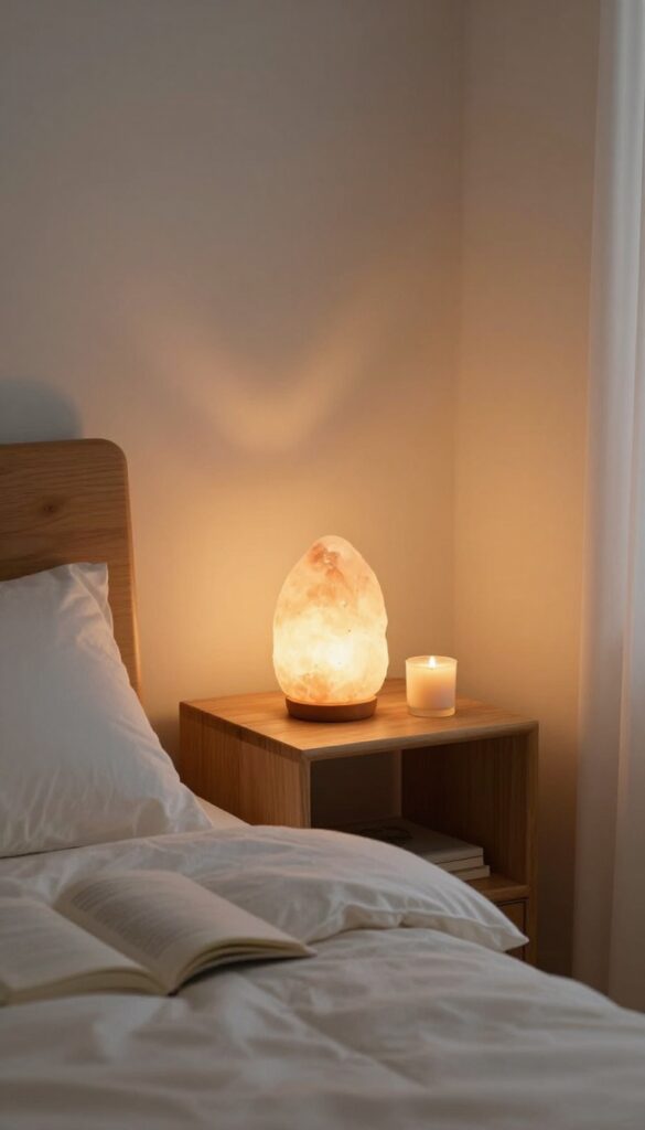 Dim bedroom with warm lamp and candle light creating a relaxing bedtime atmosphere