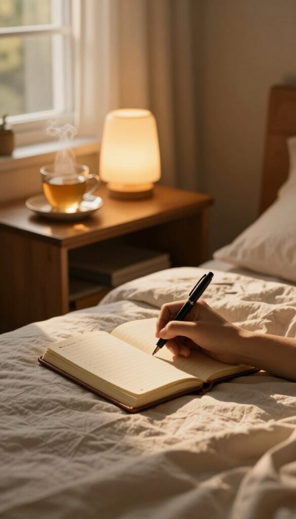 A person writing in a journal on a nightstand, with a cup of tea and a warm lamp, creating a peaceful bedtime ritual.