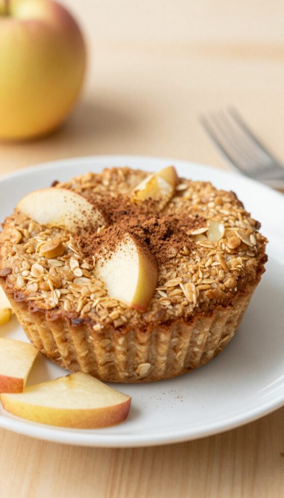 A baked oatmeal cup with apple cinnamon flavor, golden brown, on a plate with apple slices and cinnamon.
