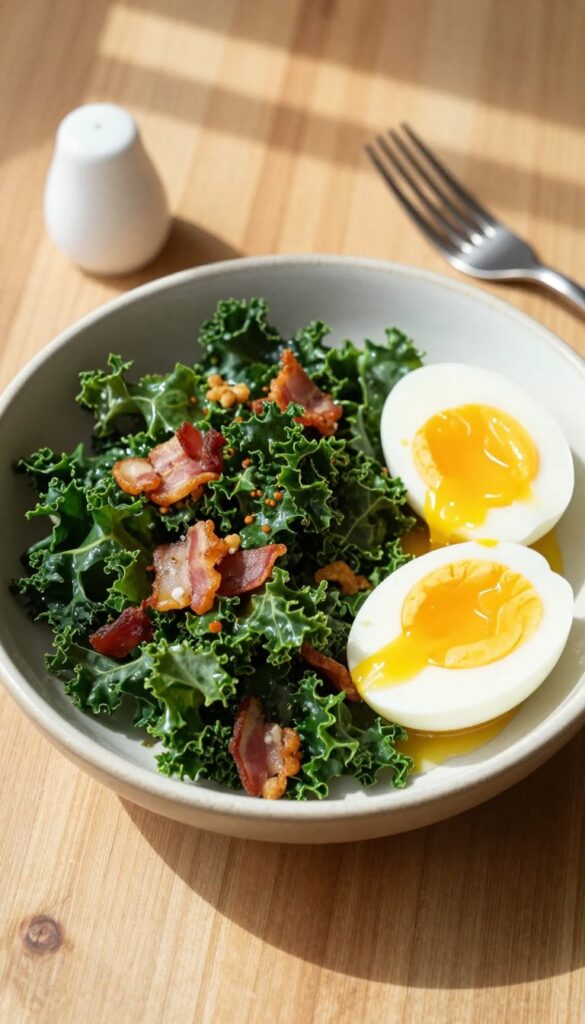 Bacon and kale breakfast salad with soft-boiled egg and vinaigrette