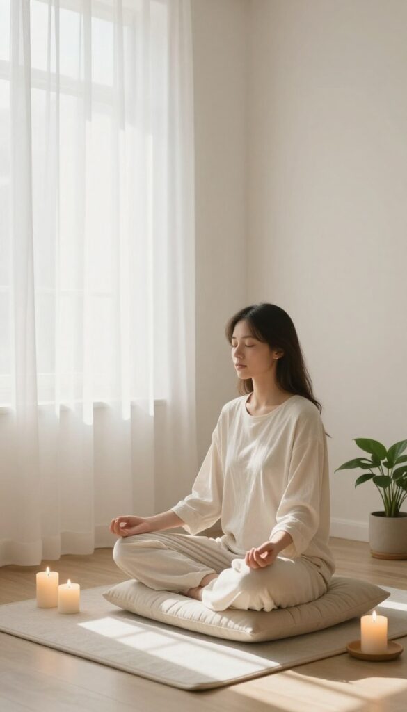 Person meditating in a cozy bedroom with candles and soft natural light