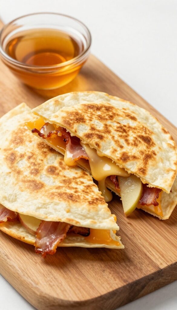 A crispy bacon and apple quesadilla cut into wedges, served on a wooden board with a side of maple syrup.