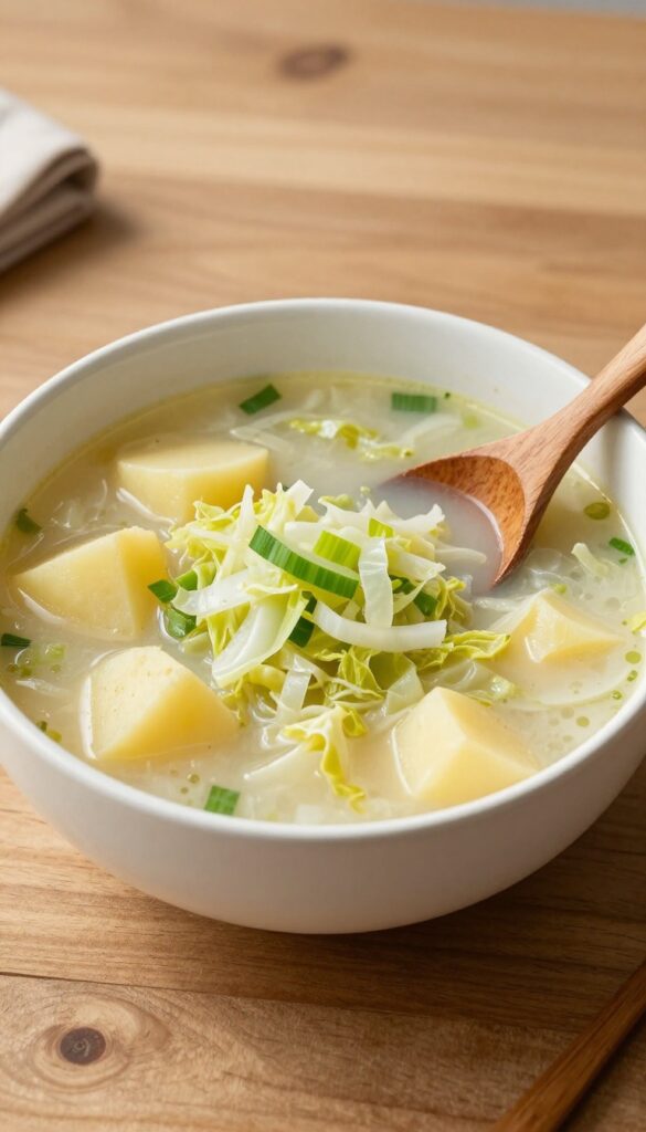 Bowl of creamy cabbage soup with leek and potato on a wooden table