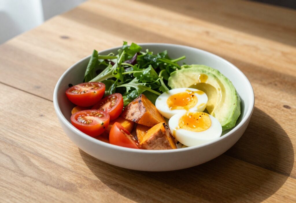 A colorful breakfast salad in a white bowl on a wooden table, featuring greens, sweet potatoes, avocado, and a soft-boiled egg.