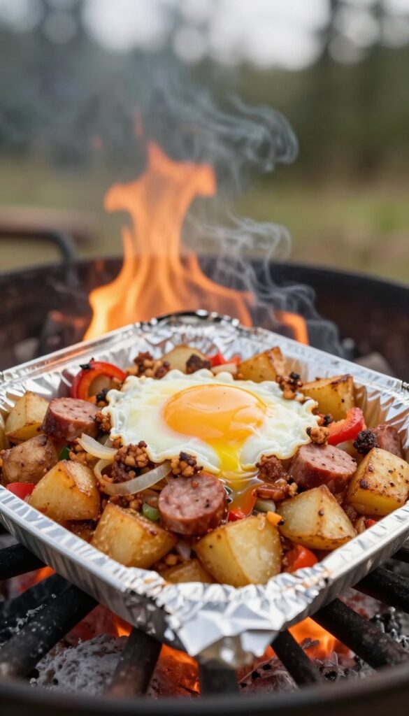 Foil packet breakfast hash with egg on campfire coals