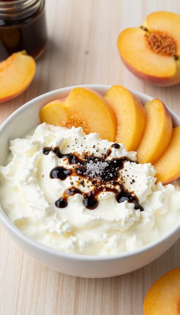 Cottage cheese and peach bowl with balsamic glaze drizzle on a wooden table