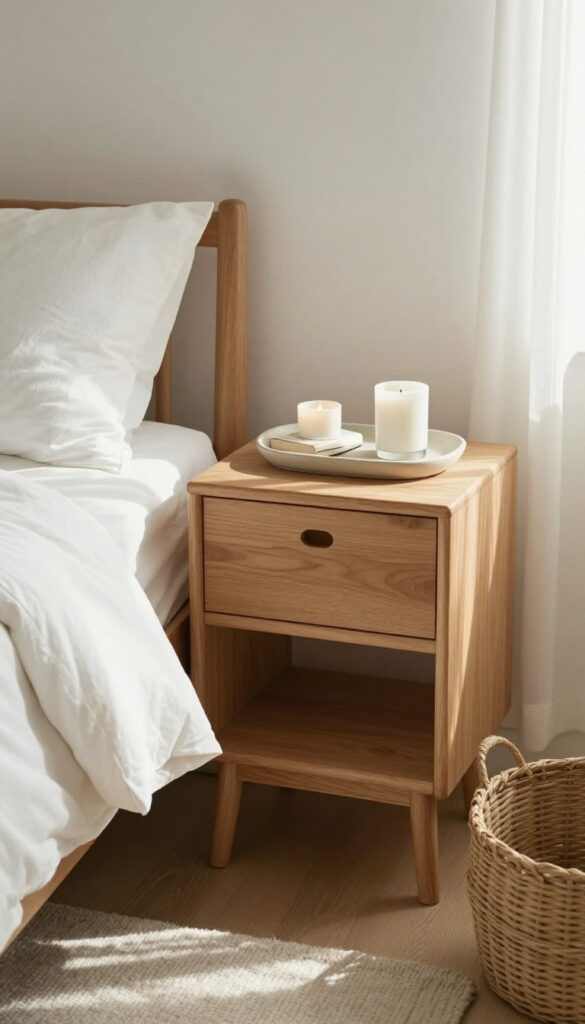 Clean nightstand with minimal decor in a bright peaceful bedroom