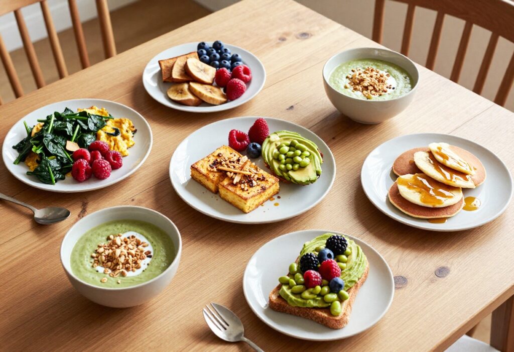 Assortment of meatless breakfast dishes on a wooden table including tofu scramble, smoothie bowl, avocado toast, and pancakes.