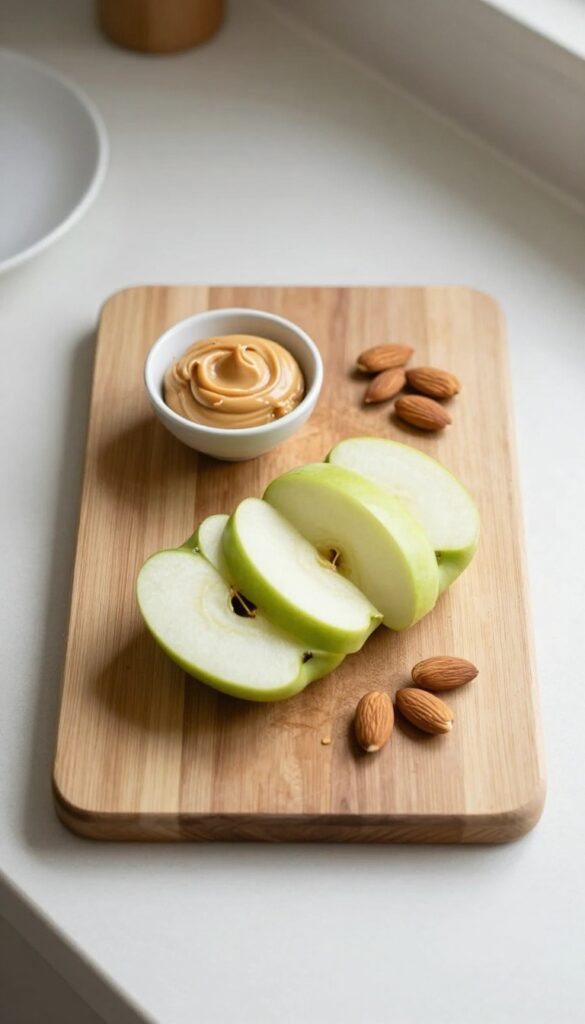 Apple slices with peanut butter and almonds on a wooden board, natural light, healthy snack