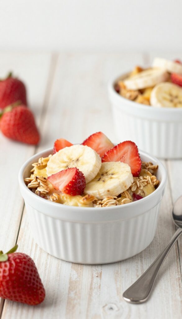 Strawberry banana baked oats in a ramekin, golden and fluffy, with fruit pieces visible.